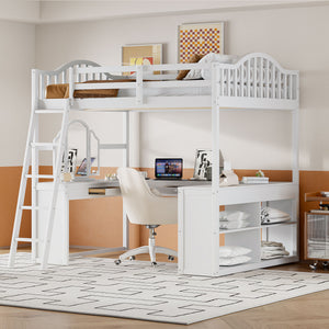 English Elm Full Wood Loft Bed with Wraparound Study Desk Built-in Storage and Vanity Mirror N708S00008K