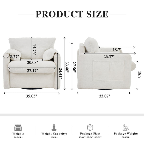 English Elm 001 Ivory White Swivel Accent Chair 360° Rotating Chenille Lounge Seat with High-Resilience Cushion, Ergonomic Reading Sofa for Living Room Office Bedroom 250LB Capacity W2636P231538