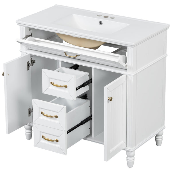 English Elm 36 Inch Bathroom Vanity with Ceramic Sink, Durable MDF & Solid Wood Frame, Soft-Close Doors, Luxe Handles, Ample Organized Storage, Modern Freestanding Design White N725P314034K