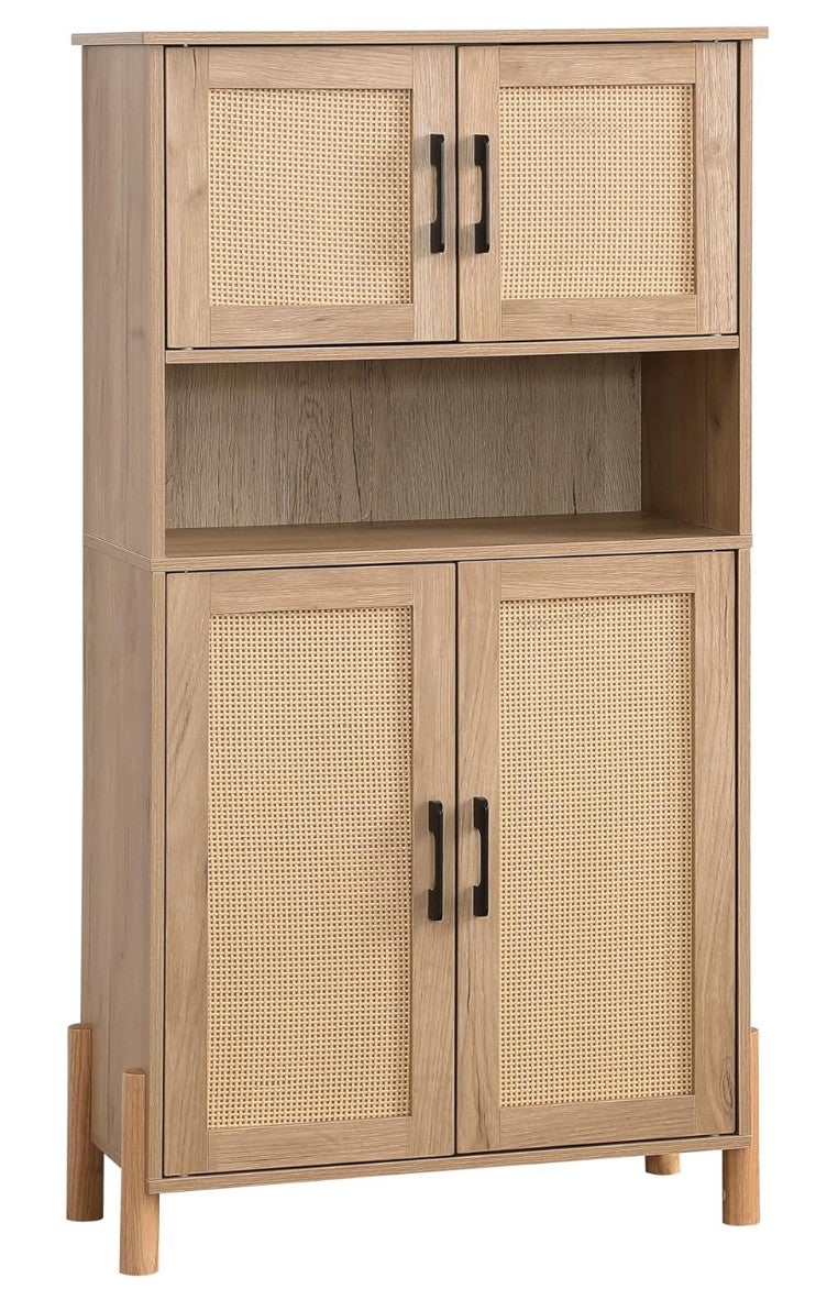English Elm Mid-Century Woven Rattan Door Storage Cabinet with Adjustable Shelves and Solid Wood Legs, Stylish and Functional Natural 27.6 L x 15 W x 8.7 H W3151P288912