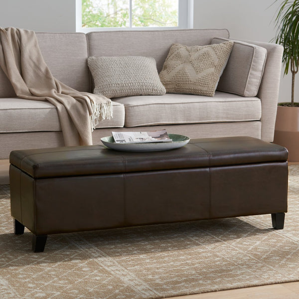 English Elm Upholstered Pu Leather Storage Ottoman with Solid Wood Legs Hinged Lid Bench Seat Brown N757P414088O