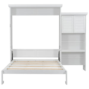 English Elm Queen Size Murphy Bed With Stylish Louvered Design, Multi-Storage Shelves, And Elegant White Finish N7090004018K-GIGA