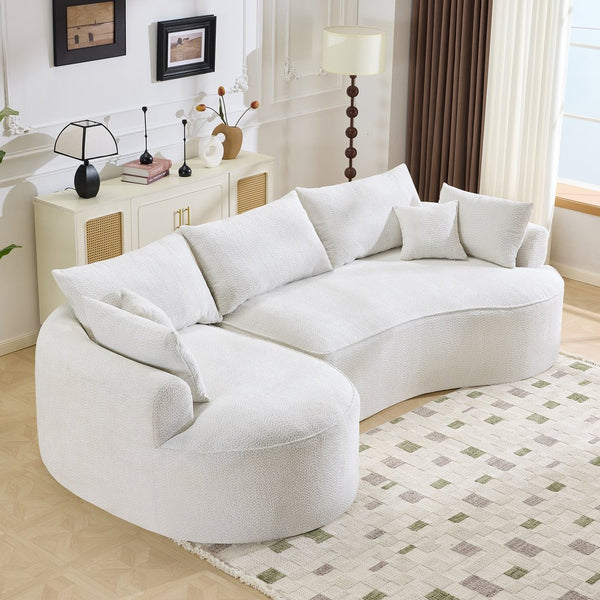 English Elm 124.5-inch Curved Chenille Sectional Sofa with Pillows Deep Seat Living Room Couch White W3612S00026