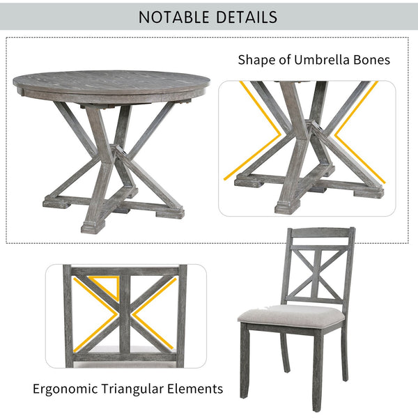 English Elm Trexm Retro Extendable Round Dining Set with Four Linen Upholstered Chairs Rubberwood Grey ST000141AAE-2026