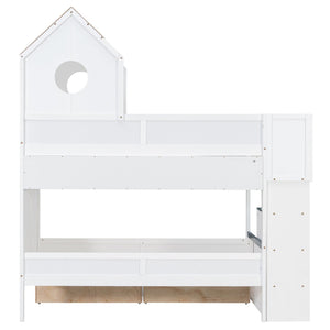 English Elm Twin Over Kids Bunk Bed with Castle Roofline Led Lights and Staircase Storage White N820S00068K