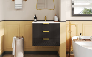 English Elm 24inch Bathroom Vanity with Ceramic Basin Sink, Wall-Mounted Double Drawer Cabinet for Small Baths Black N710P324097B