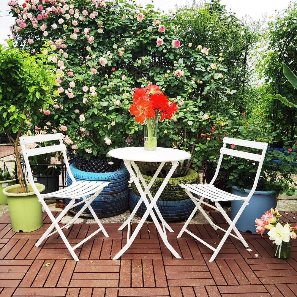 English Elm 3 Piece Outdoor Bistro Set Foldable Steel Cafe Table Chairs Powder Coated Patio White W1586P143153
