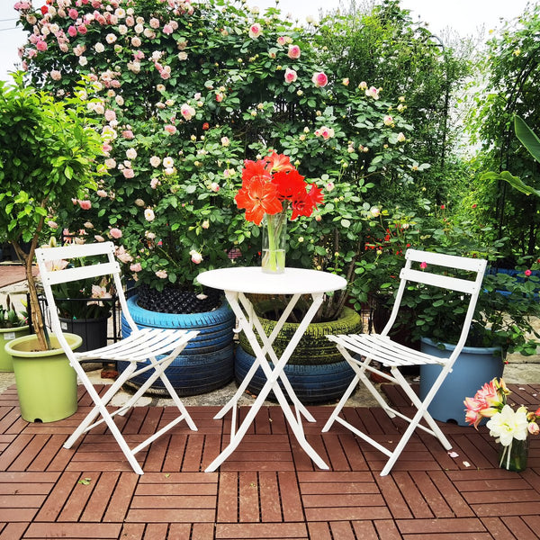 English Elm 3 Piece Outdoor Bistro Set Foldable Steel Cafe Table Chairs Powder Coated Patio White W1586P143153