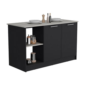 English Elm Kitchen Island With Spacious Countertop, Open Shelves & Double Door Storage - Modern Black/Onyx Design B097S00184