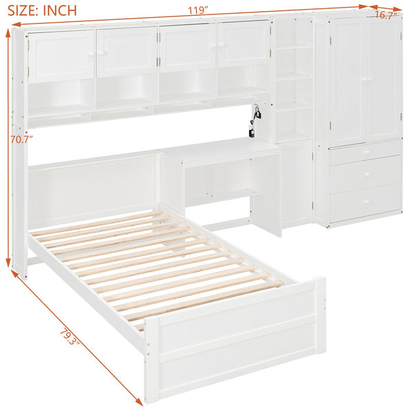 English Elm Wooden Twin Loft Bed with Built-in Desk Wardrobe Storage Drawers and Led Lighting N820S00069K