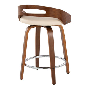 English Elm Cassis 24" Mid-Century Modern Counter Stool Set Of 2 With Swivel Cream Faux Leather & Walnut Wood B202S00014