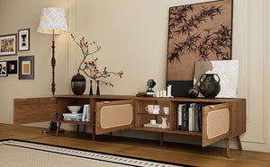 English Elm 78" Rattan TV Stand for 75-85" TVs with Glass Shelves, Solid Wood Legs, Soft-Close Doors, Walnut Finish N710P298238P