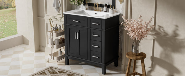 English Elm 30" Freestanding Bathroom Vanity Ceramic Sink Soft Close Cabinet Gray Wood Frame Black N729P427118B