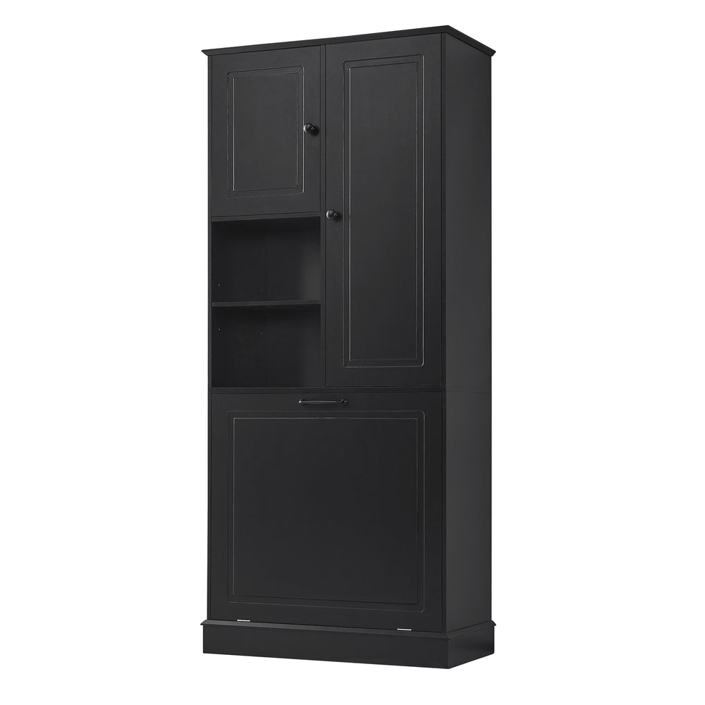 English Elm Tall Storage Cabinet with Flip-Out Basket, Adjustable Shelves & Aluminum Handles for Organized Living Black N725P322739B