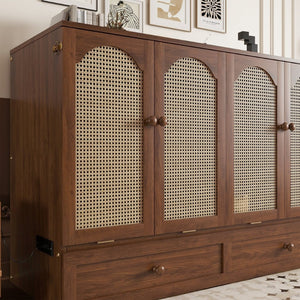 English Elm Queen Size Murphy Bed - Stylish Pine Wood Cabinet With Power Station & Rattan Panel For Space-Saving W504S00234-GIGA