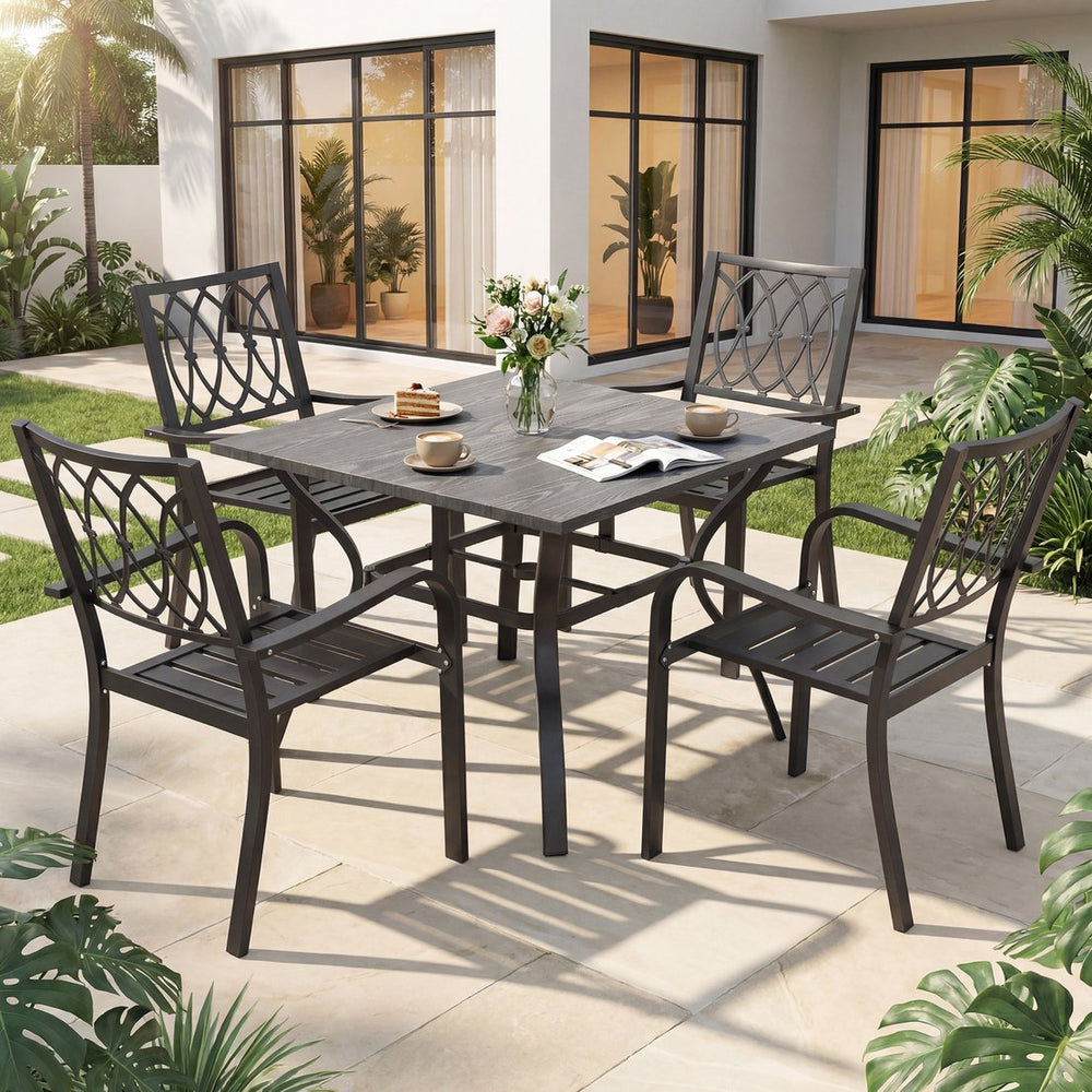 English Elm 5‑piece Outdoor Steel Dining Set Wood-grain Table Slat Chairs Rustproof Patio W3979S00047