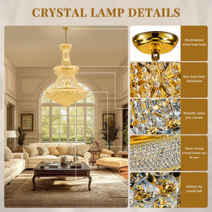 English Elm Luxury Gold Crystal Chandelier 42" 3-Tier Empire with 36 E12 Lights, 480+ K9 Crystals, Hand-Strung Elegance W2869S00003