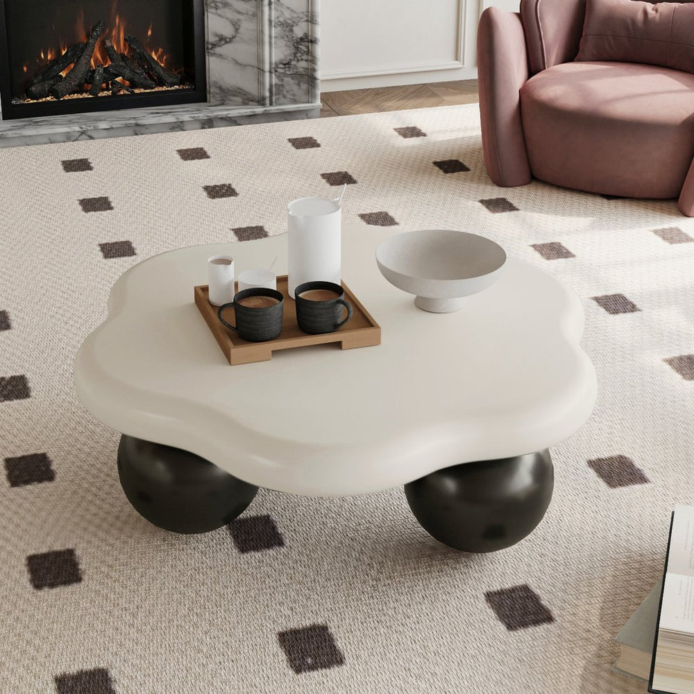 English Elm 35" Cloud Shaped Mdf Coffee Table Sculptural Round Top with Spherical Legs for Modern Living Black White W1435S00028