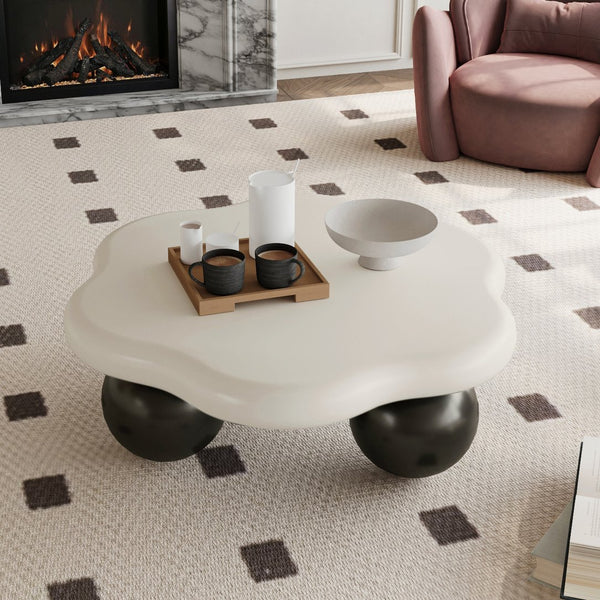 English Elm 35" Cloud Shaped Mdf Coffee Table Sculptural Round Top with Spherical Legs for Modern Living Black White W1435S00028
