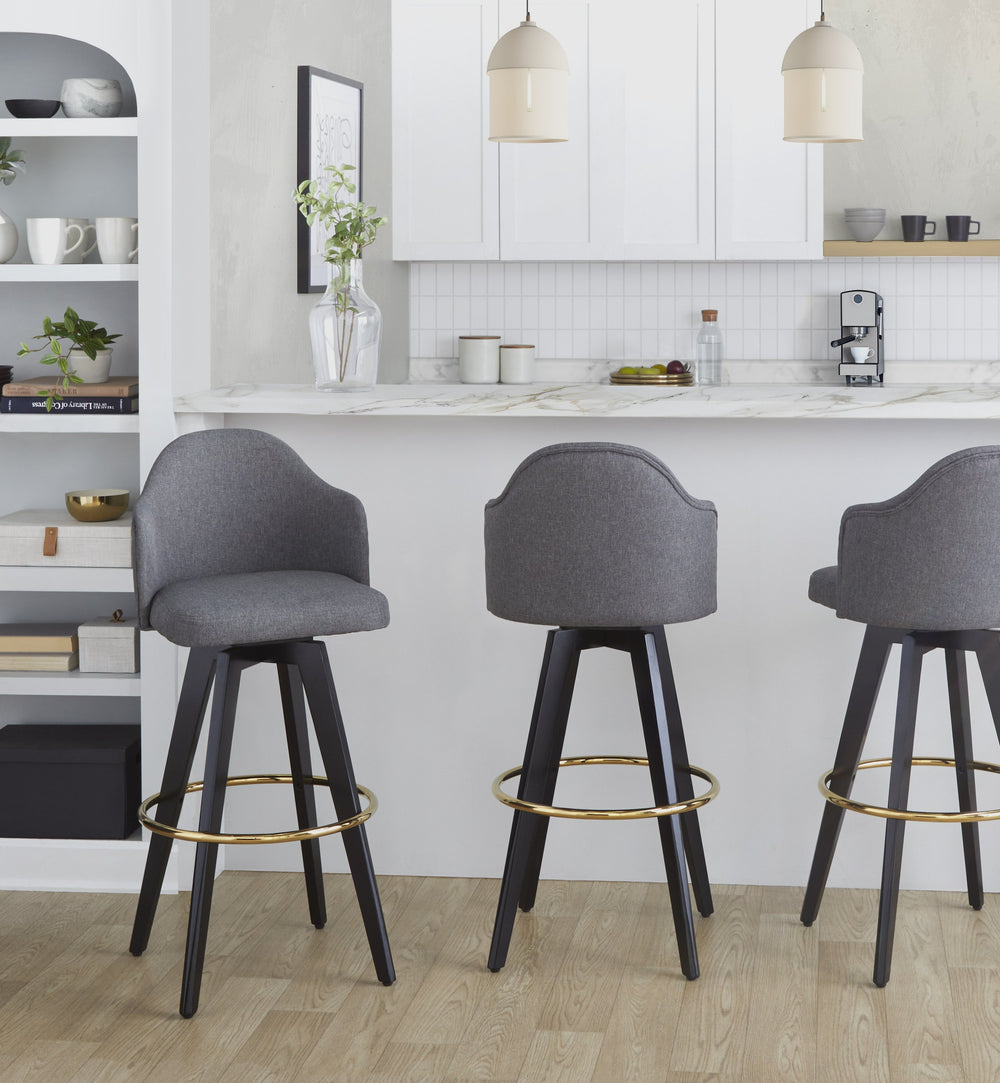 English Elm Fixed-height Swivel Barstools Upholstered Grey Fabric Black Wood Legs Kitchen Set of 2 Black+Gery B202S01865