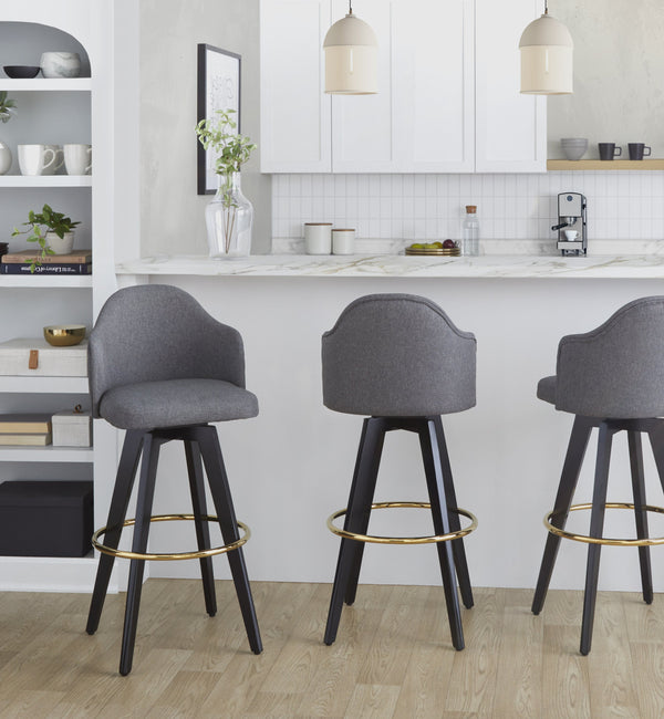 English Elm Fixed-height Swivel Barstools Upholstered Grey Fabric Black Wood Legs Kitchen Set of 2 Black+Gery B202S01865