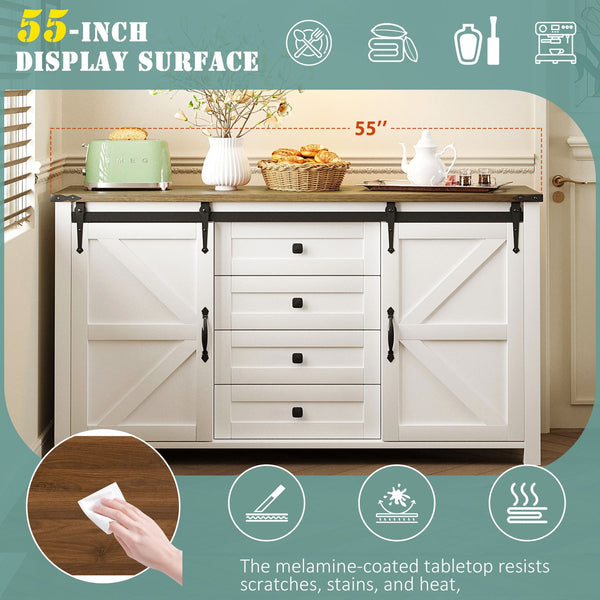 English Elm U-style Farmhouse Sideboard Barn Door Buffet with Drawers Built-in Outlet Dining White N711P347377K