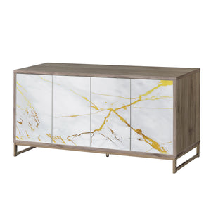English Elm Paavan White Marble Paint Console Cabinet with Oak & Champagne Accents, 4 Compartments, Modern Storage B2726P245876