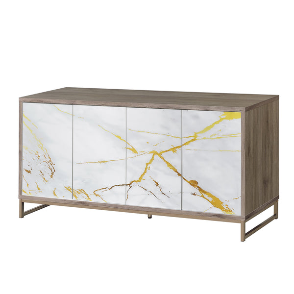 English Elm Paavan White Marble Paint Console Cabinet with Oak & Champagne Accents, 4 Compartments, Modern Storage B2726P245876