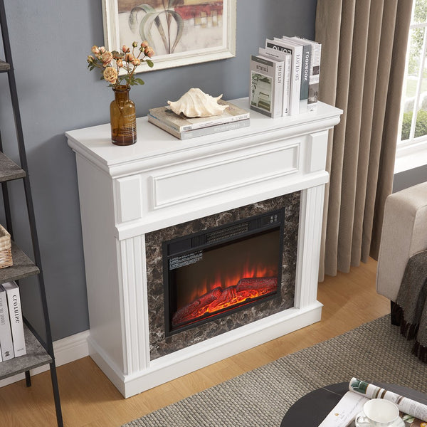 English Elm Electric Fireplace Mantel Surround with 23 Inch Insert Remote Raised Panel Wood Finish White W2275S00045