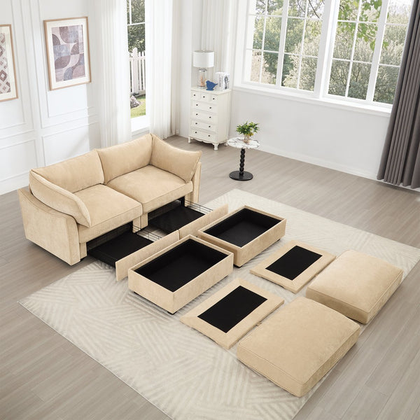 English Elm 2-Seater Sofa With 2 Movable Footstools, Stylish Chenille Fabric, Wheat Color & Hidden Storage Drawers W3041S00174