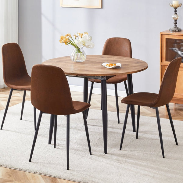 English Elm Table And Chair Set - Modern Extendable Round-To-Oval Dining Table With 4 Plush Suede Chairs For Comfort W1151S04100-GIGA