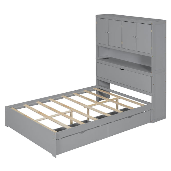 English Elm Full Size Wooden Platform Bed With Usb Charging, Flip-Up Storage Headboard & Under-Bed Drawers N820S00045E