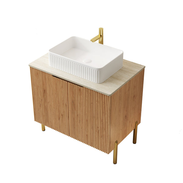 English Elm 30" Freestanding Bathroom Vanity Sintered Stone Travertine Top Woodgrain Cabinet Two Doors W2615P322856
