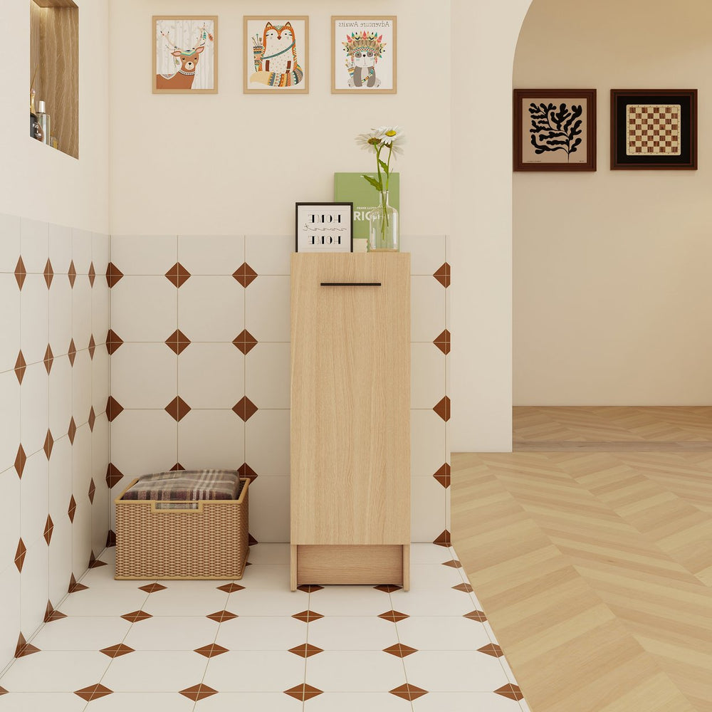 English Elm 12" Wall-mounted Oak Plywood Bathroom Linen Cabinet Slim Floating Single Door Storage W3450P440611