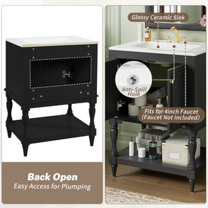 English Elm 24'' French Style Bathroom Vanity with Ceramic Sink Soft Close Cabinet and Drawer Black N710P411341B