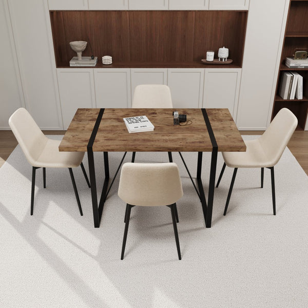 English Elm 55" Modern Industrial Dark Wood Dining Table Set With 4 Suede Chairs – Stylish & Durable Design W2189S00172