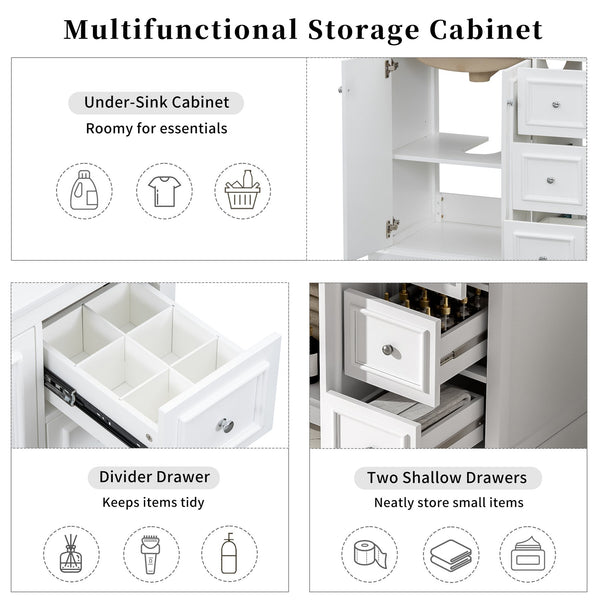 English Elm 36'' Transitional Bathroom Vanity with Ceramic Sink, Solid Wood Frame, Adjustable U-Shelf & Soft-Close Doors White N729P292966K