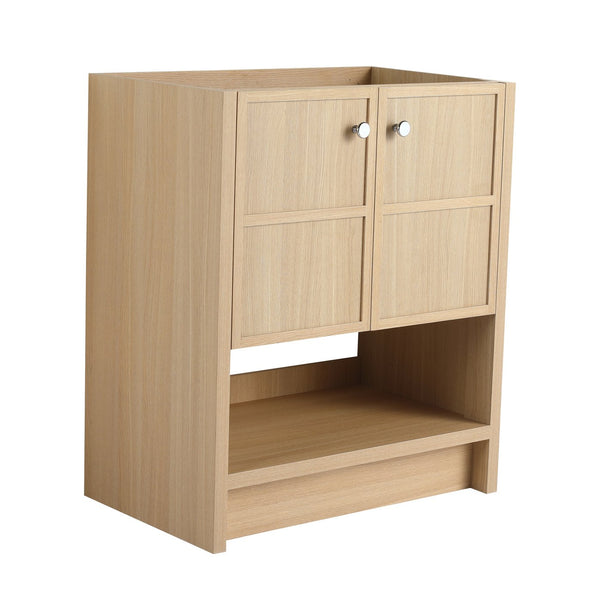 English Elm 30" Freestanding modern oak bathroom vanity with integrated basin, soft-close doors & open shelf storage, plywood construction W1972P268403