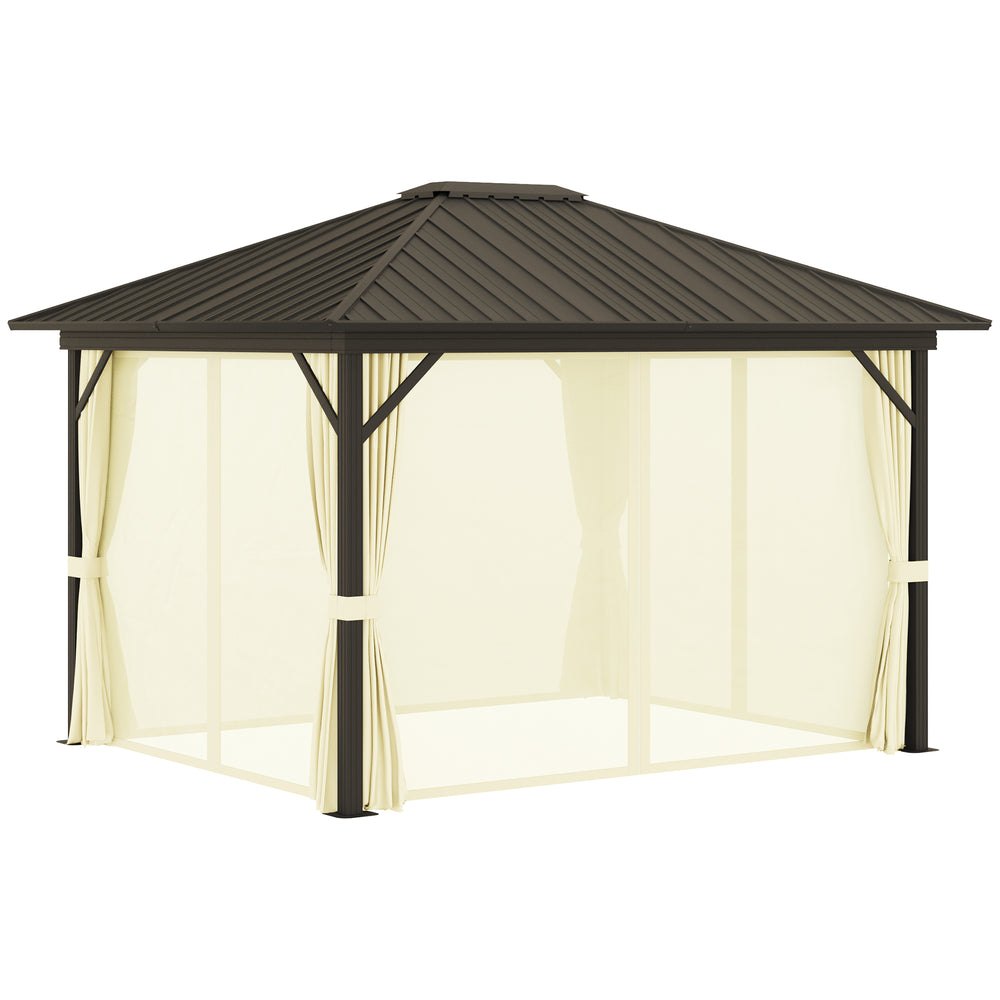 English Elm Gazebo Hard Top Steel Roof Aluminum Frame Outdoor Shelter with Mesh Walls and Privacy Curtains T3971S00069