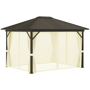 English Elm Gazebo Hard Top Steel Roof Aluminum Frame Outdoor Shelter with Mesh Walls and Privacy Curtains T3971S00069
