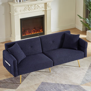 English Elm Modern Teddy Upholstered Loveseat Sofa Bed with Side Pocket, Adjustable Back & Gold Legs, Dark Blue W1117P303450