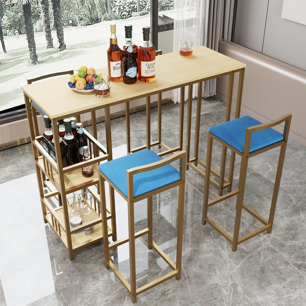 English Elm Bar Table and Four Cushioned Chairs Gold Iron Frame with Built-in Shelf Coastal Style W3064P245382