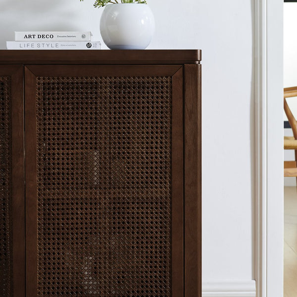 English Elm 39.4" Mid Century Modern Rattan Sideboard Buffet Cabinet with Pop-Up Doors, Charging Holes, Stylish Storage Walnut W1801P362142