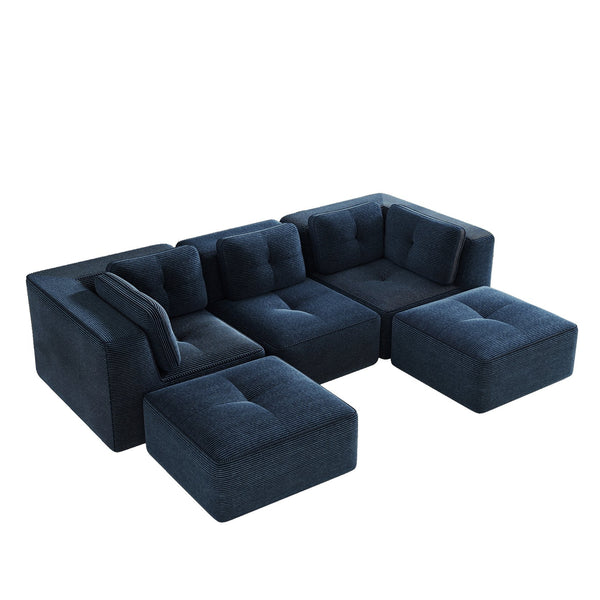 English Elm Modern Corduroy Sectional Sofa with Tufted Cushions Dual Ottomans and Deep Seating Blue W714S01803