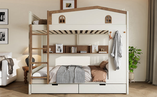 English Elm Twin Xl Solid Pine Loft Bed with Built-in Led Lighting and Storage Shelves W1580S00390