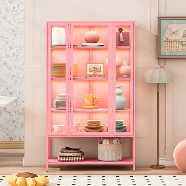 English Elm 67.25'' Tall Steel Curio Cabinet with Led Lighting and Tempered Glass Panels Pink SN845P263995P