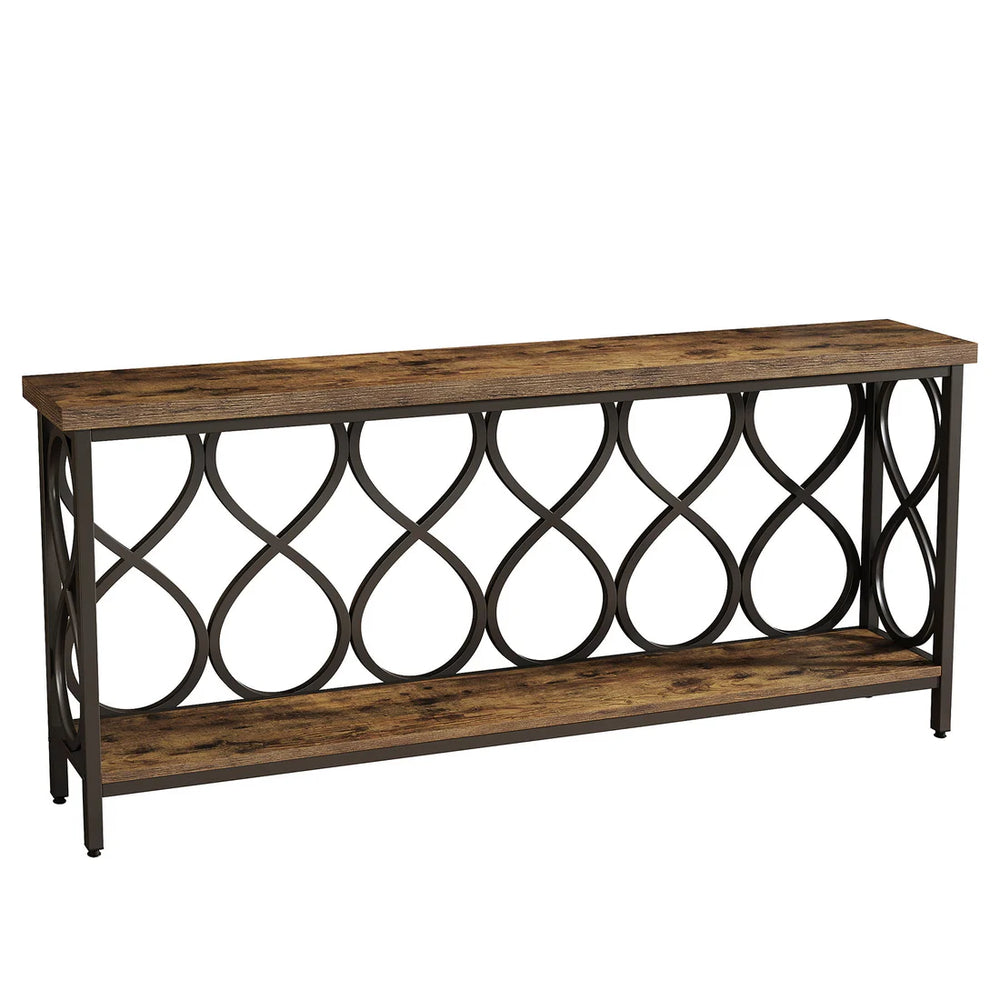 English Elm 2-tier Industrial Console Table Rustic Wood and Black Metal Frame Entryway Sofa T3971P462384