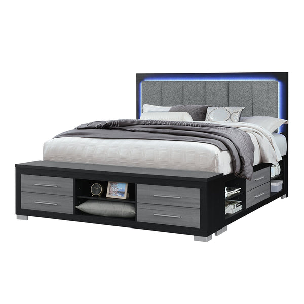 English Elm EMILIA Queen Bed with Bookcase Headboard, LED Lighting, Drawer Footboard & Side Rail Storage, Black/Grey B201S00373