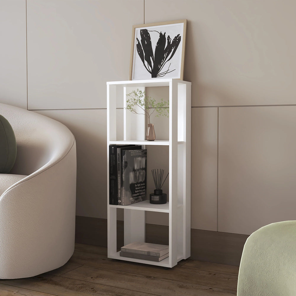 English Elm White Slim Bookcase with Three Open Shelves, Melamine Particle Board Storage for Small Spaces, Modern White Finish – Sleek Organizer for Books & Decor (39.4" H) B062P290265