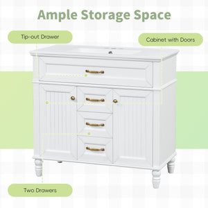 English Elm 36" Freestanding Single Sink Bathroom Vanity Rubberwood Cabinet with Matching Mirror White N725S314034K